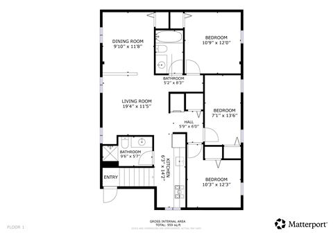 A floor plan for a home with a living room, dining room, kitchen, and four bedrooms.